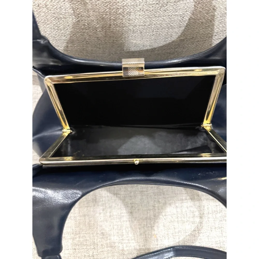 Vintage Navy Blue Faux Leather Shoulder Bag Gold Tone Minimalist